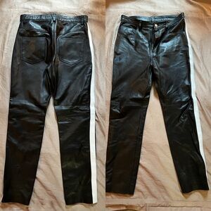 Men’s leather pants. White racing stripe down each leg.  Fully lined.